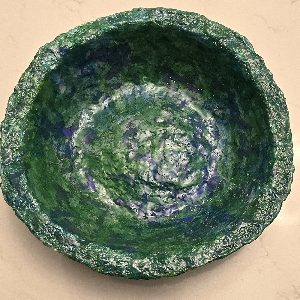 Handcrafted Green and Blue Textured Paper Mache Bowl...Happy Positively Handmade